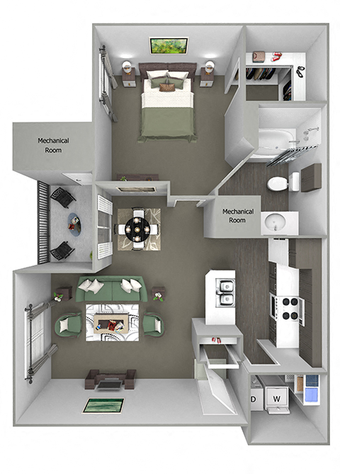 Floor plan for 1 bed, 1 bath, 705 sqft